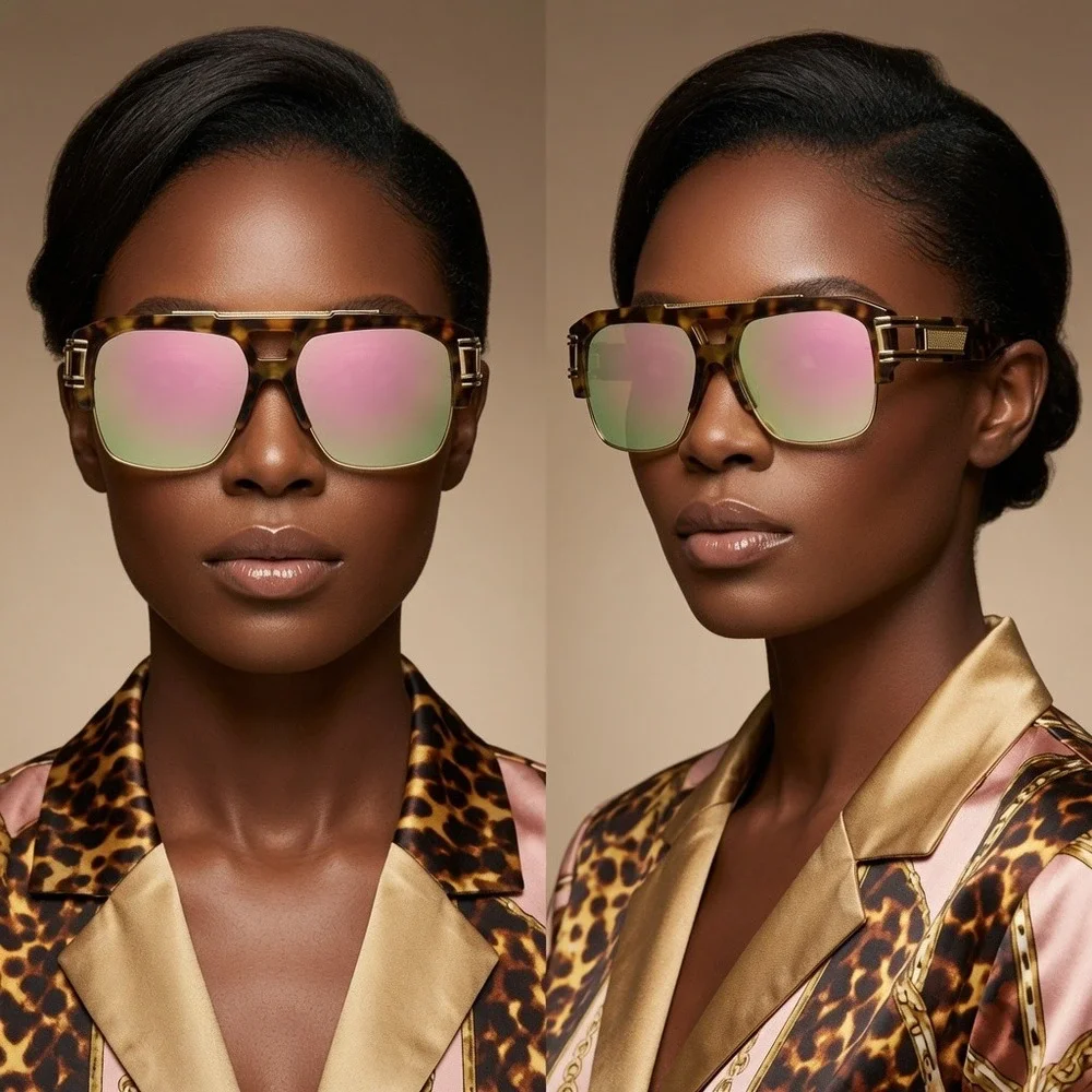 Oversized Square Sunglasses Tortoise Gold Pink Mirror Lens UV400 Flat Top Luxury